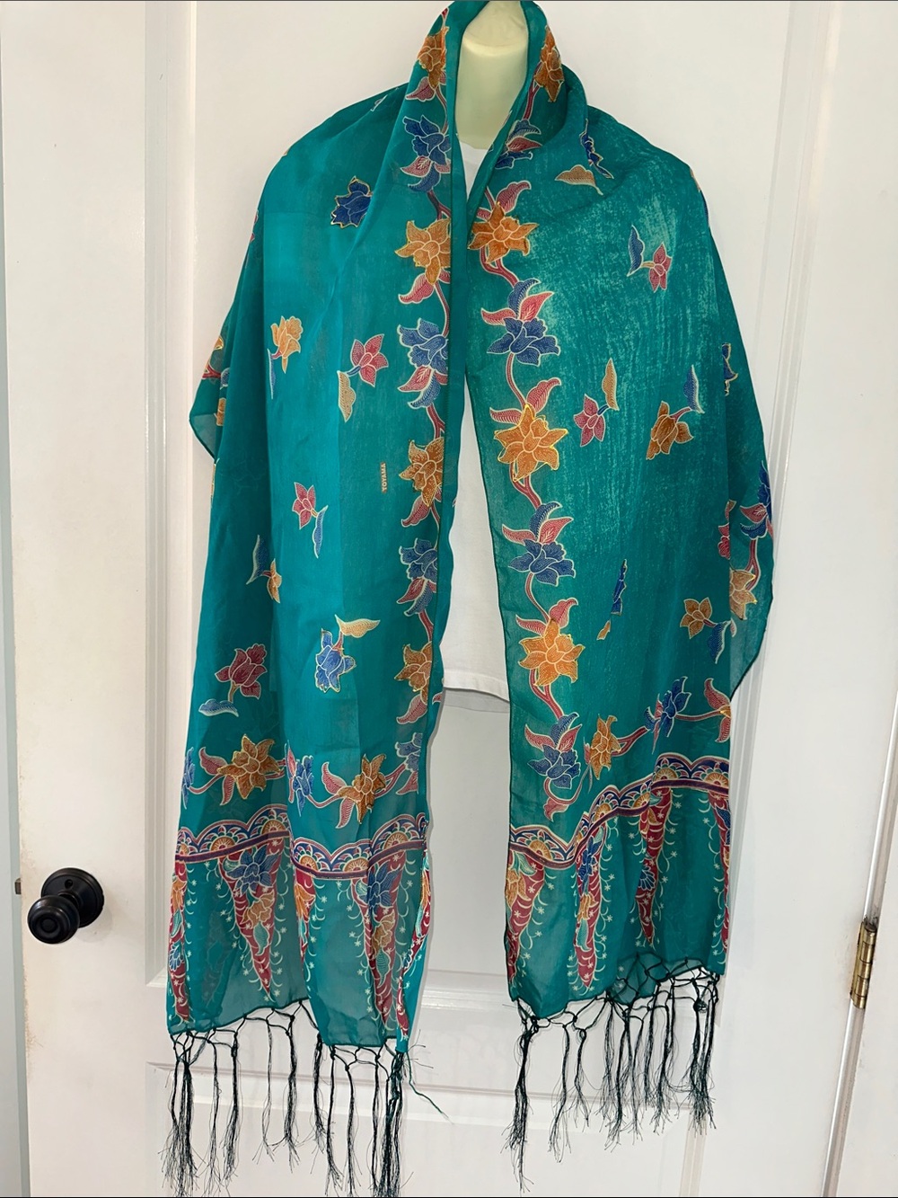 NWT Sahaja  Teal Floral Fringe Scarf or Wrap with‎ embossed gold flowers